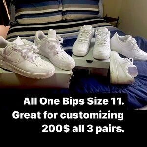 Nike AIR FORCE 1”s SIZE 11 white on white. 3 pairs. (WORN ONC IN HAWAII) 200$